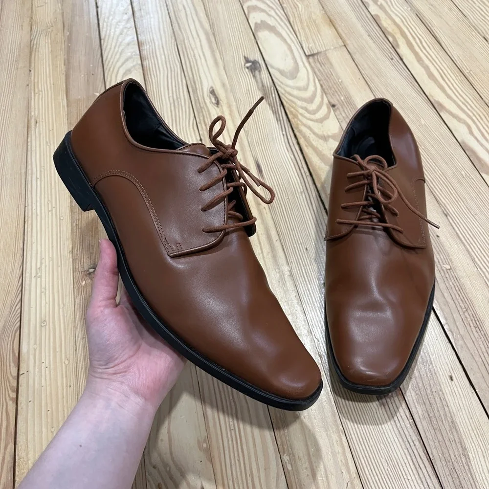 Joseph Abboud Men Cognac Brown Plain Toe Derby Dress Shoes Preppy Business Sz 13